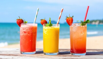 Refreshing fruit drinks on the beach with clear blue water and sandy shore in the background during a sunny day