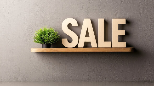 Stylish shelf displaying the word SALE with a small green plant for a modern touch.