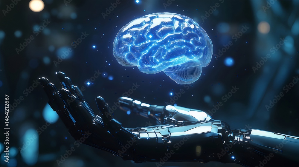 Poster 機械の手が光る青い背景に浮かぶデジタル脳の3dレンダリング 未来的な人工知能とテクノロジーのコンセプト