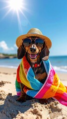 Dachshund enjoys a sunny beach day wearing sunglasses and a straw hat wrapped in a colorful towel