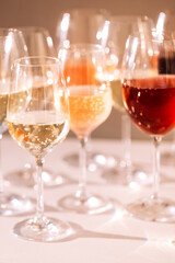 A close-up of elegant glasses with alcoholic beverages. Cups with colorful sparkling wines from different grape varieties