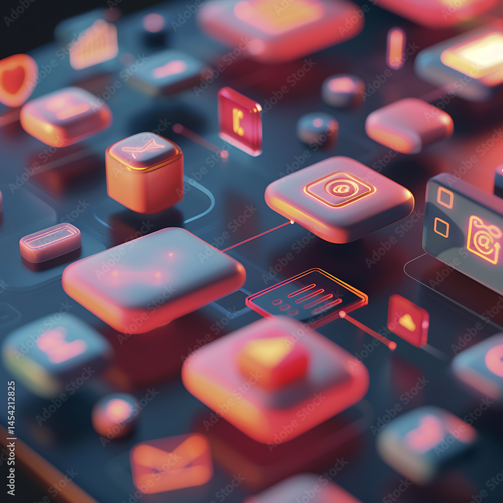 Poster abstract arrangement of colorful 3d app icons with glowing edges on a dark, futuristic surface. digi