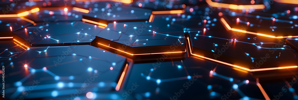 Poster abstract futuristic hexagonal surface with glowing orange lines and blue particle lights. technology