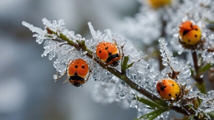 Obraz premium Ladybugs perch on frost covered evergreen sprig with ice crystals clinging to branches and bug bodies in winter