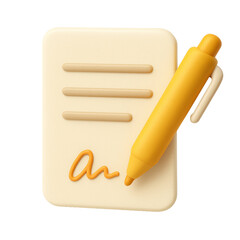 3D render of a document with signature and yellow pen. Suitable for agreement, contract, writing, signing, legal, or document-related themes