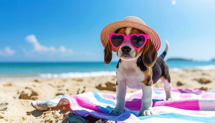 Playful beagle puppy wearing pink sunglasses and straw hat at the beach on a sunny day