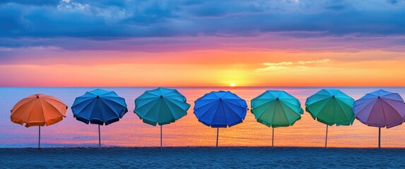 Silhouettes of beach umbrellas at sunset over sea horizon with tranquil coastal ambiance