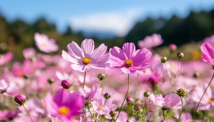 Fototapeta premium Pink cosmos field in bloom