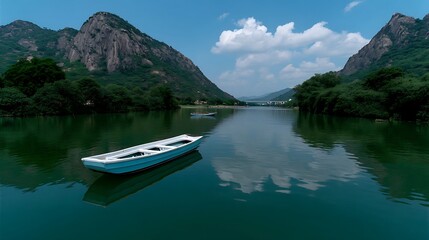 Serene Blue Boat on Calm Mountain Lake.