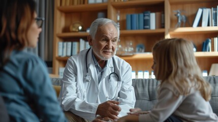 Obraz premium Elderly doctor consulting with a mother and daughter in a cozy office. Family health consultation and care.