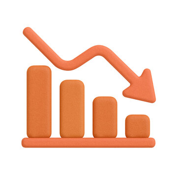 3D orange bar chart with downward arrow representing financial loss, negative trends, or economic decline. Ideal for business and data visualization