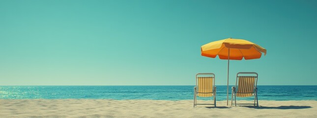 Two beach chairs and an umbrella on sandy beach by the sea under sunny sky for summer vacation concept banner with text space
