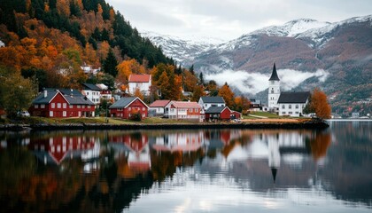 Fototapeta premium Autumnal village by a fjord