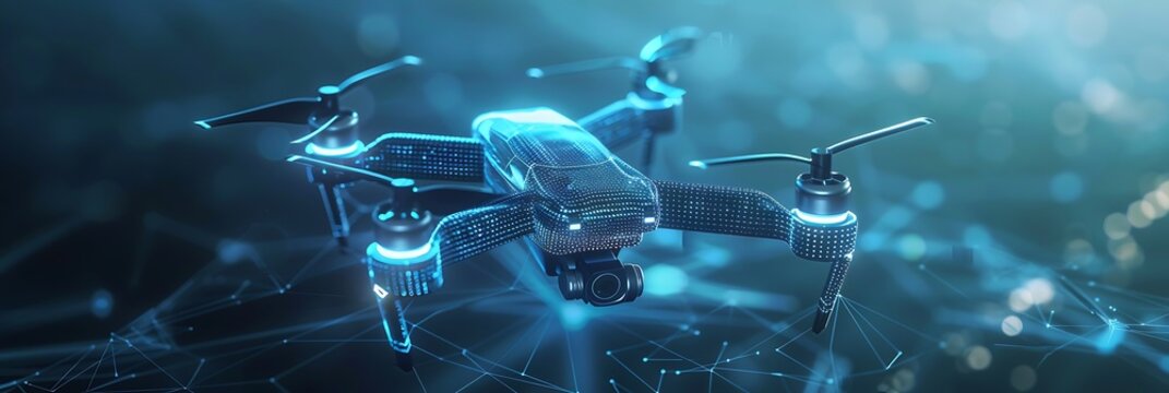 Futuristic drone with glowing blue lights and camera, overlaid with a digital network pattern. Technology, surveillance, or aerial data concept. Imaginative.
