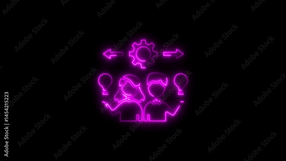 Aufkleber abstract neon animation of teamwork and idea sharing with gear mechanism on black background