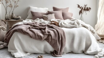 Cozy bedroom scene with linen bedding and throws.