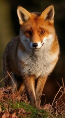 Fototapeta premium Fox walking through autumn foliage in the forest
