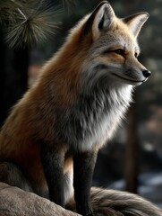 Obraz premium Fox resting on a rock in a serene forest setting