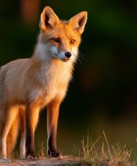 Fototapeta premium Red fox stands alert in golden sunlight during dusk