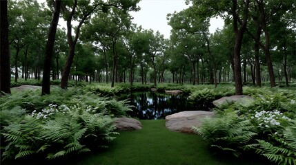 Serene Forest Pond Lush Greenery with Tranquil Escape.