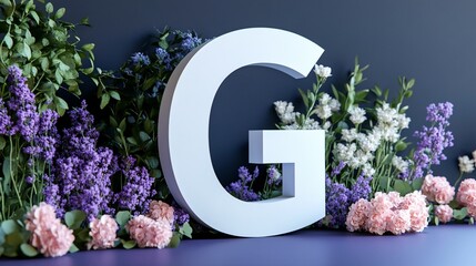 Fototapeta premium Floral G with purple and pink flowers, green leaves, on purple background