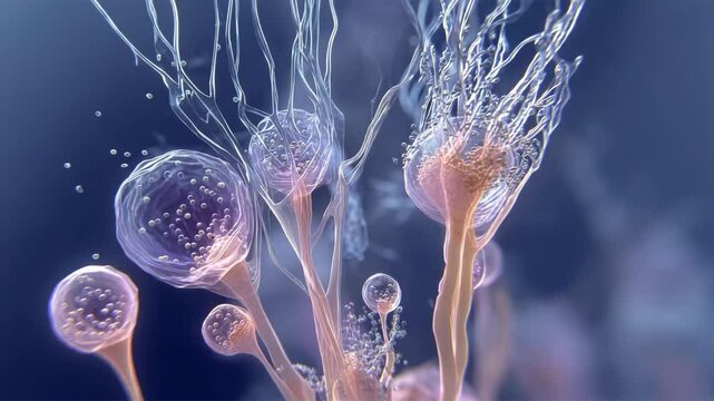 Microscopic view of a fungal organism with translucent fruiting bodies and spores, isolated against a blue background.
