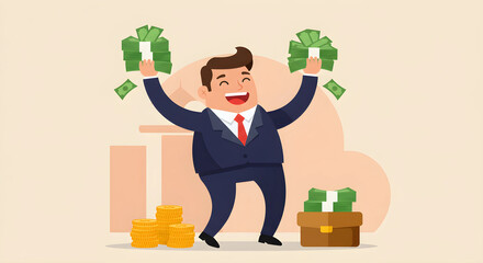 A businessman is surrounded by wealth, gold, money, and assets.