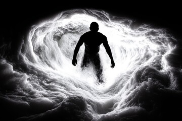 Obraz premium Silhouette figure stands amidst swirling ethereal clouds, radiating light and shadows