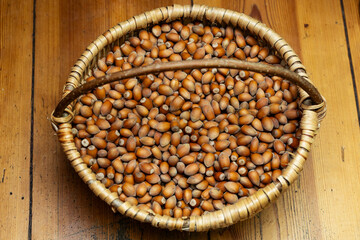 Close-up of many hazelnuts in bulk, natural food background