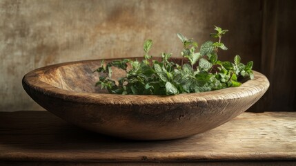 Rustic Wooden Bowl with Fresh Mint Herbs