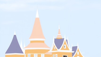 Obraz premium Pastel colored rooftops against a light blue sky. The architectural details show a mix of styles, with pointed and tiered shapes. The image evokes a calm and serene atmosphere.