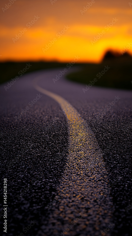 Poster close-up of wet asphalt road texture at sunset, showing a yellow line, creating a sense of journey, 