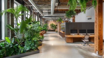 Fototapeta premium AI-designed biophilic interior, lush indoor plants, natural light, wood and stone materials, green technology 