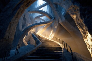 Mysterious stone staircase winds upward through cavernous arches, bathed in ethereal light beams filtering through rocky formations, creating a surreal, otherworldly atmosphere