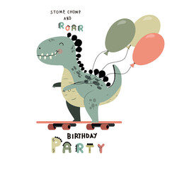 Cute dinosaur baby with balloons .Birthday invitation.
