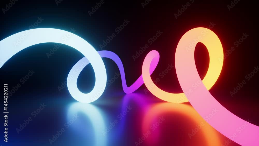 Poster looping 3d animation. neon spiral line glowing in the dark and reflected in a mirrored floor. abstra