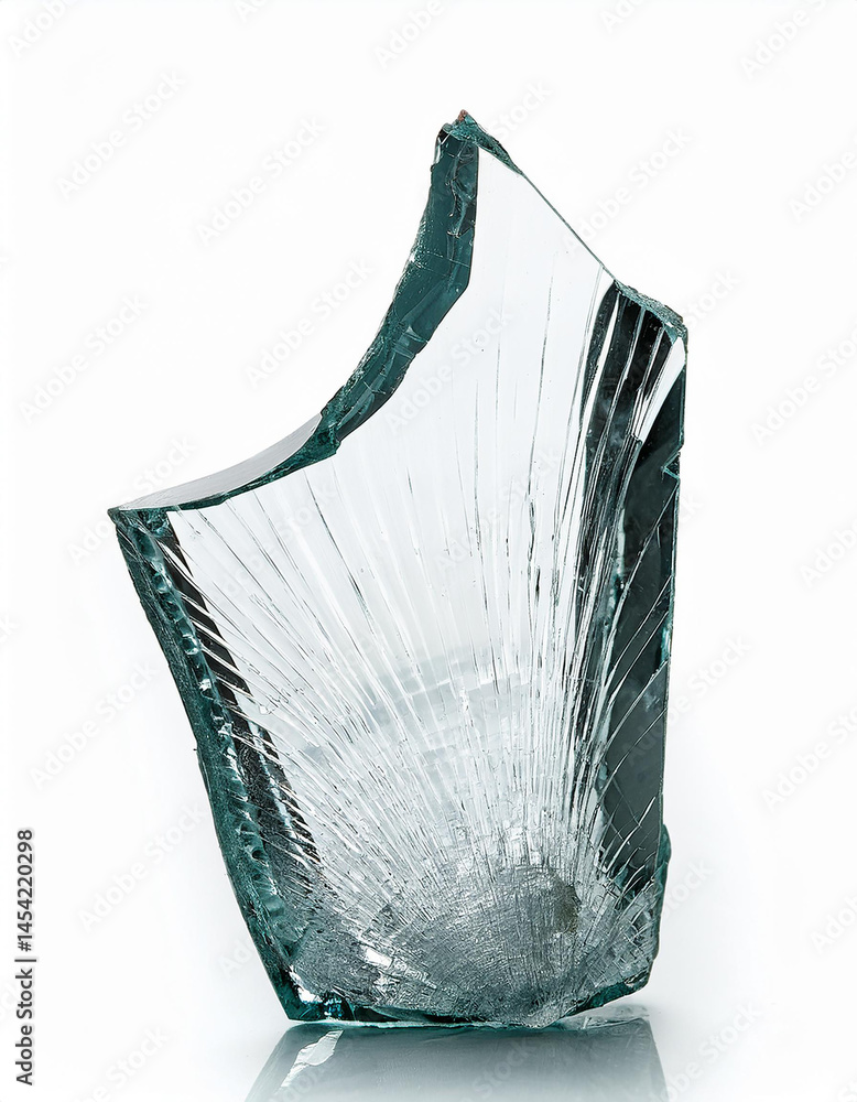 Poster fragment of cracked glass on a white background. the shard has a sharp edge and internal fractures, 