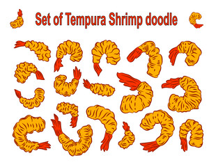 Tempura shrimp illustration collections. Japanese Food, Tempura doodle. fried shrimp.