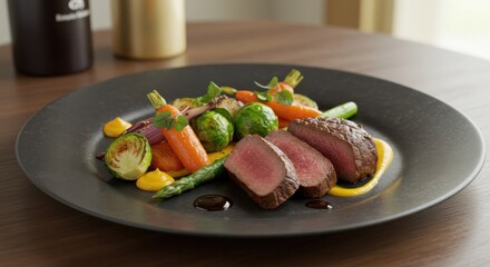 Gourmet meat dish plated with vegetables on a dark modern plate