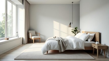 Serene Bedroom Sanctuary Sunlight Streaming Through Window, Illuminating Minimalist Decor and Soft Bedding