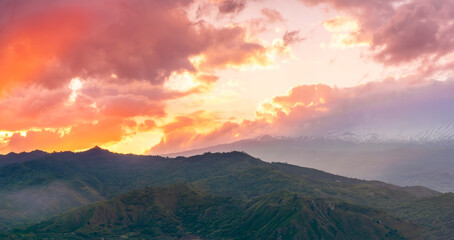 highland mountain landscape of beutiful sunset or sunrise in greeen summer rural land with amazing...