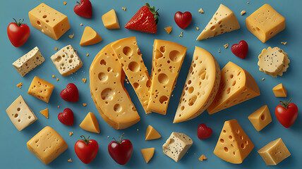 Variety of Cheeses and Fruits on Blue Background