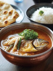 spicy Indian fish curry in copper bowl, turmeric, coriander garnish, with naan and basmati rice 