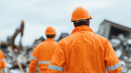Workers in orange safety gear surveying a metal recycling site for operations.