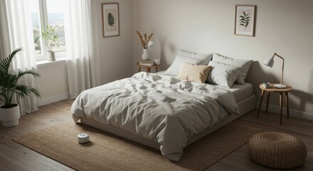 Cozy bedroom interior with natural lighting and soft neutral bedding