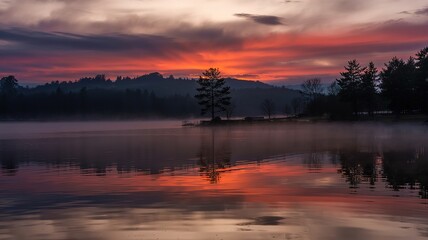 Naklejka premium Dramatic Sunset Reflections on Misty Lake with Silhouetted Trees