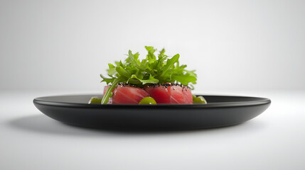 Two pieces of raw, dark red tuna topped with black sesame seeds and green leaves are arranged on a black plate with a few green dots against a stark white background.