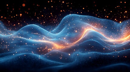 Fototapeta premium Abstract glowing wave particles, blue and orange light.