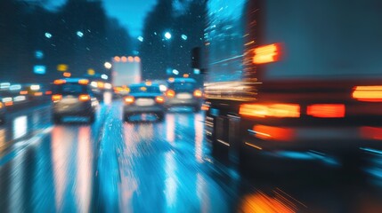 Night Traffic Motion Blur on Wet Road. Trucks and Cars During Rain, Driving with Speed