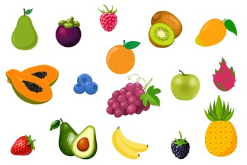 Various of fruits set on white background. Strawberry, raspberry, kiwi, orange, apple, grapes, blueberry, mangosteen, avocado, banana, pineapple, papaya, pear isolated. Assortment of fresh fruits